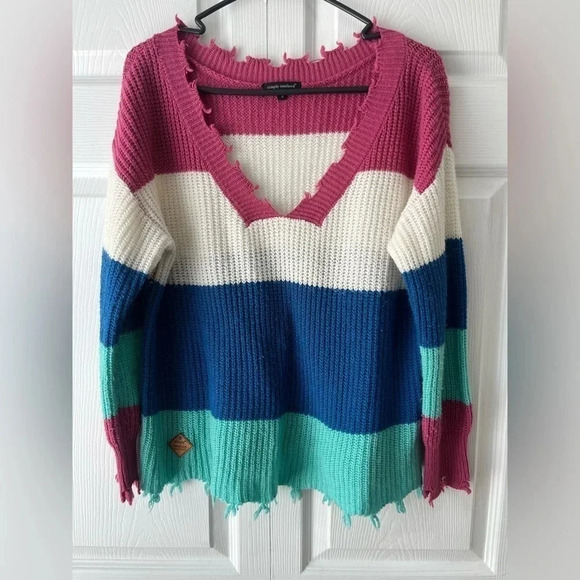 SIMPLY SOUTHERN Women's Striped Distressed Pullover V-Neck Sweater Size Small - Picture 1 of 5